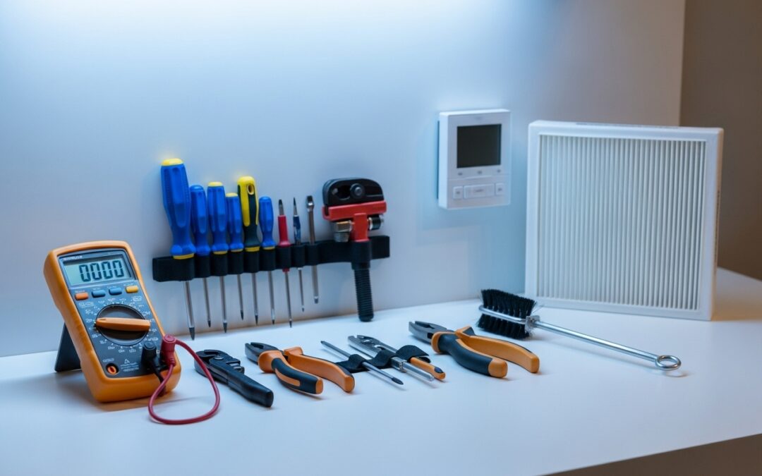 HVAC maintenance tools and clean air filter on workstation