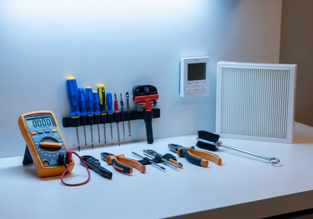 HVAC maintenance tools and clean air filter on workstation