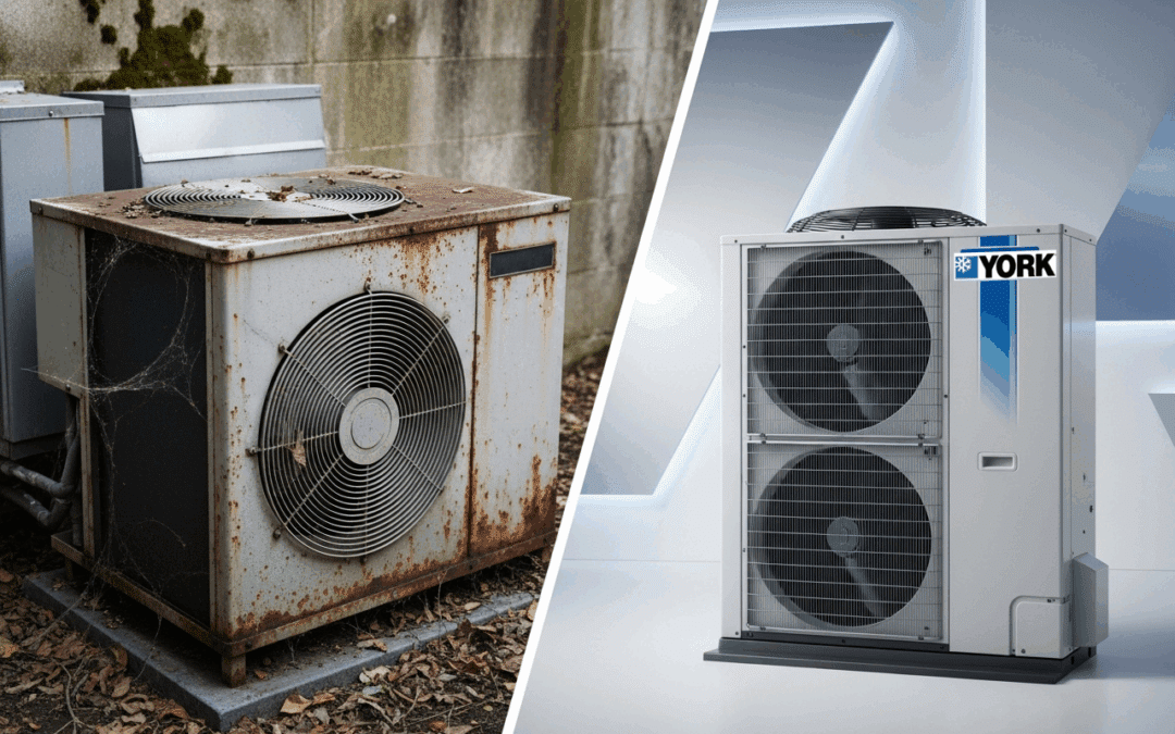 Old HVAC unit beside a new high-efficiency model