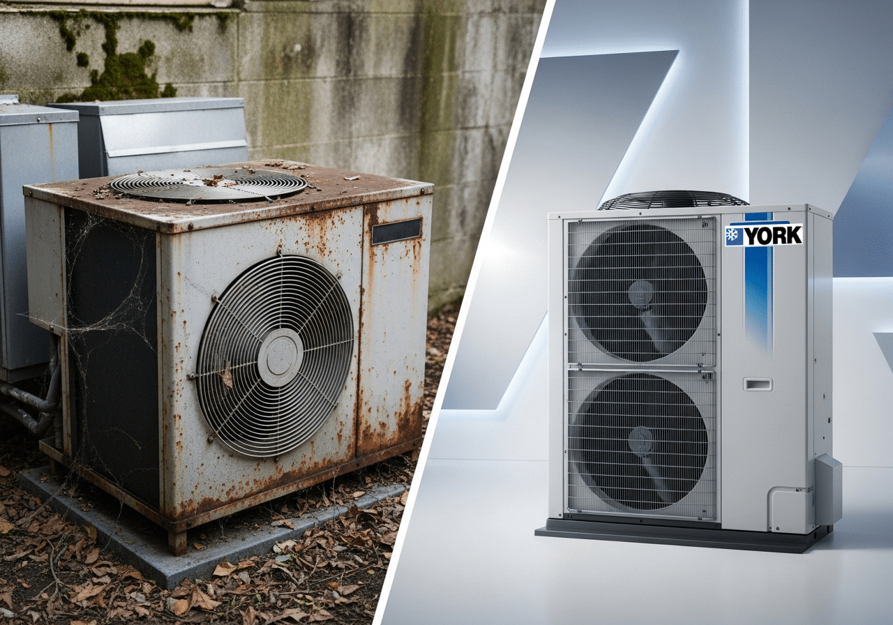 Old HVAC unit beside a new high-efficiency model