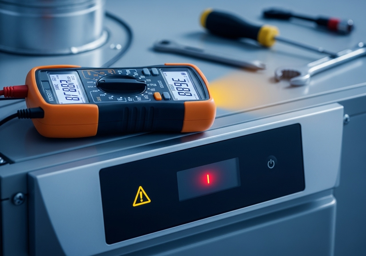 HVAC diagnostics with tools on furnace and warning indicators