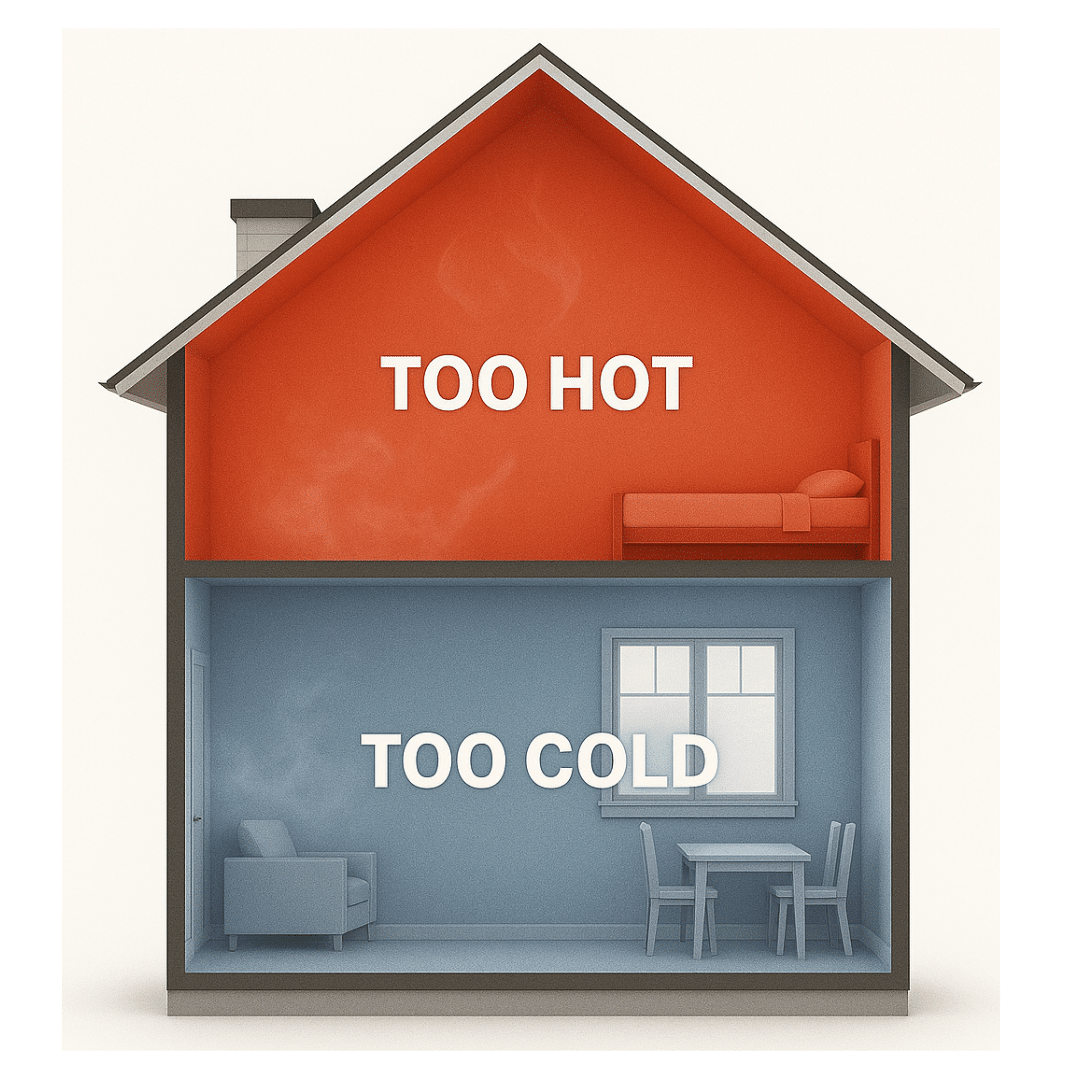 Cutaway of a two-story home showing the upstairs too hot in red and the downstairs too cold in blue