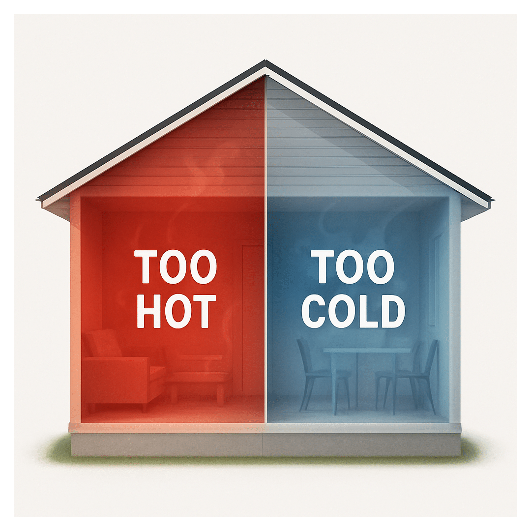 Cutaway of a one-story home showing one side overheating in red and the other side too cold in blue