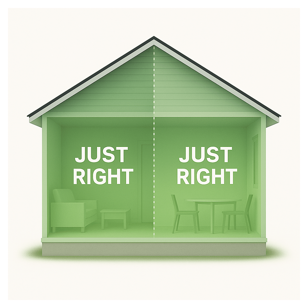 Cutaway of a one-story home with both zones evenly lit in green, labeled “Just Right”