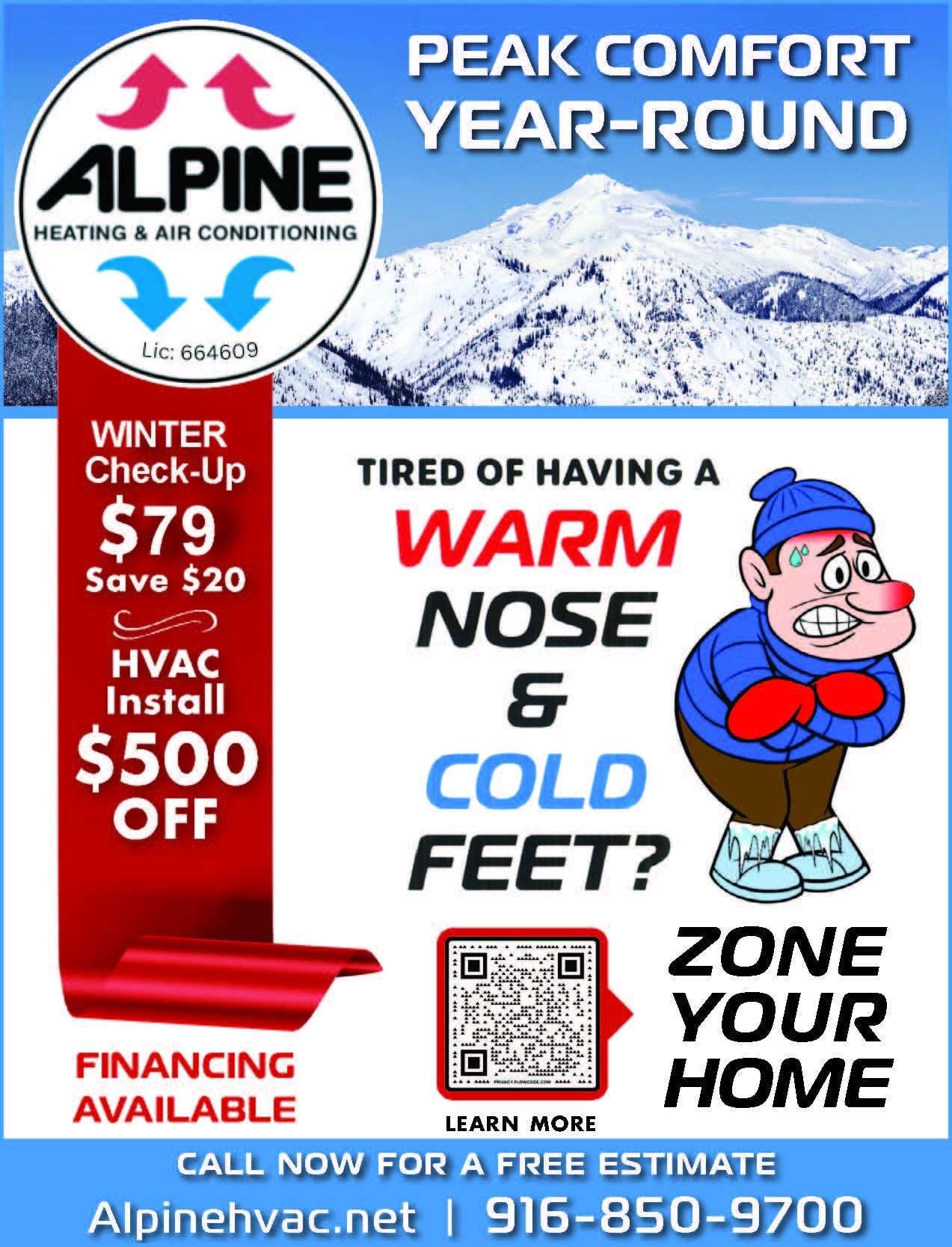 Alpine HVAC winter check-up $79 offer with $500 off installation, zoning your home promotion, and contact number 916-850-9700.