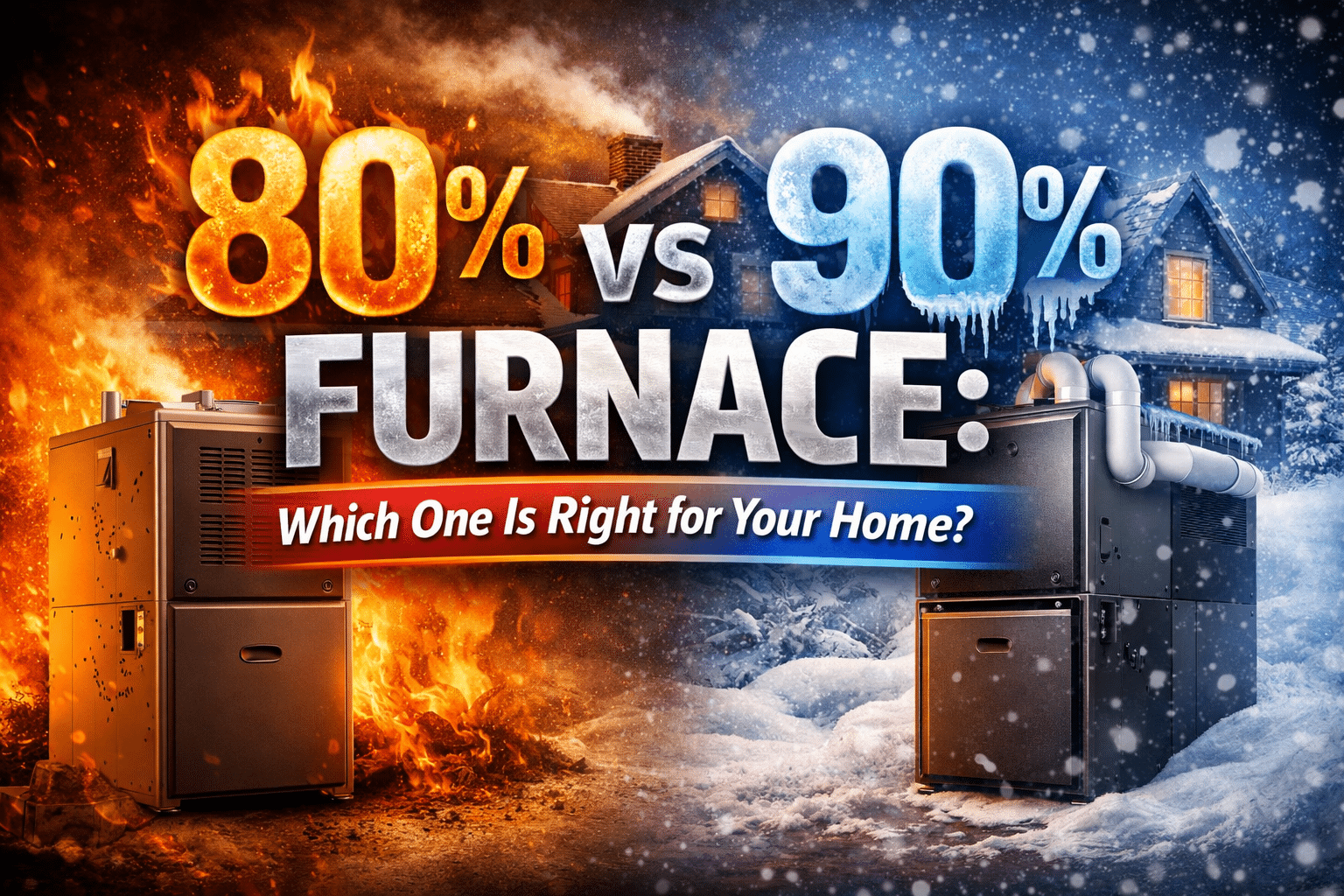 Comparison graphic showing an 80% furnace versus a 90% high-efficiency furnace to help homeowners choose the right heating system for their home.