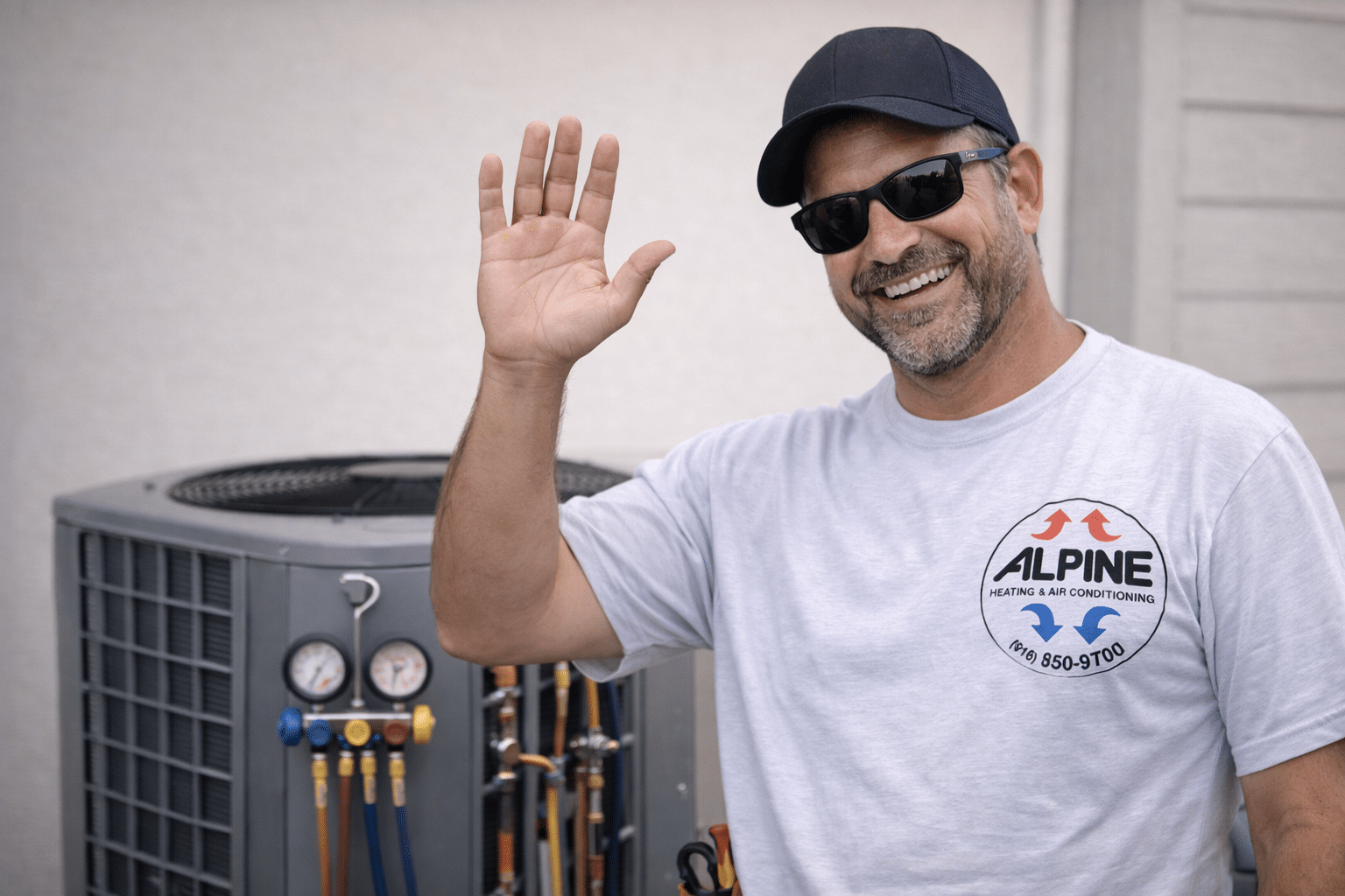 Alpine Heating & Air Conditioning owner Mark waving beside an outdoor air conditioning unit