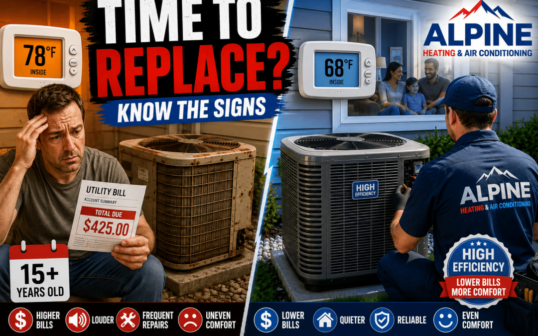 Alpine Heating & Air Conditioning technician installing a new high-efficiency HVAC system while comparing it to an aging air conditioner that's more than 15 years old.