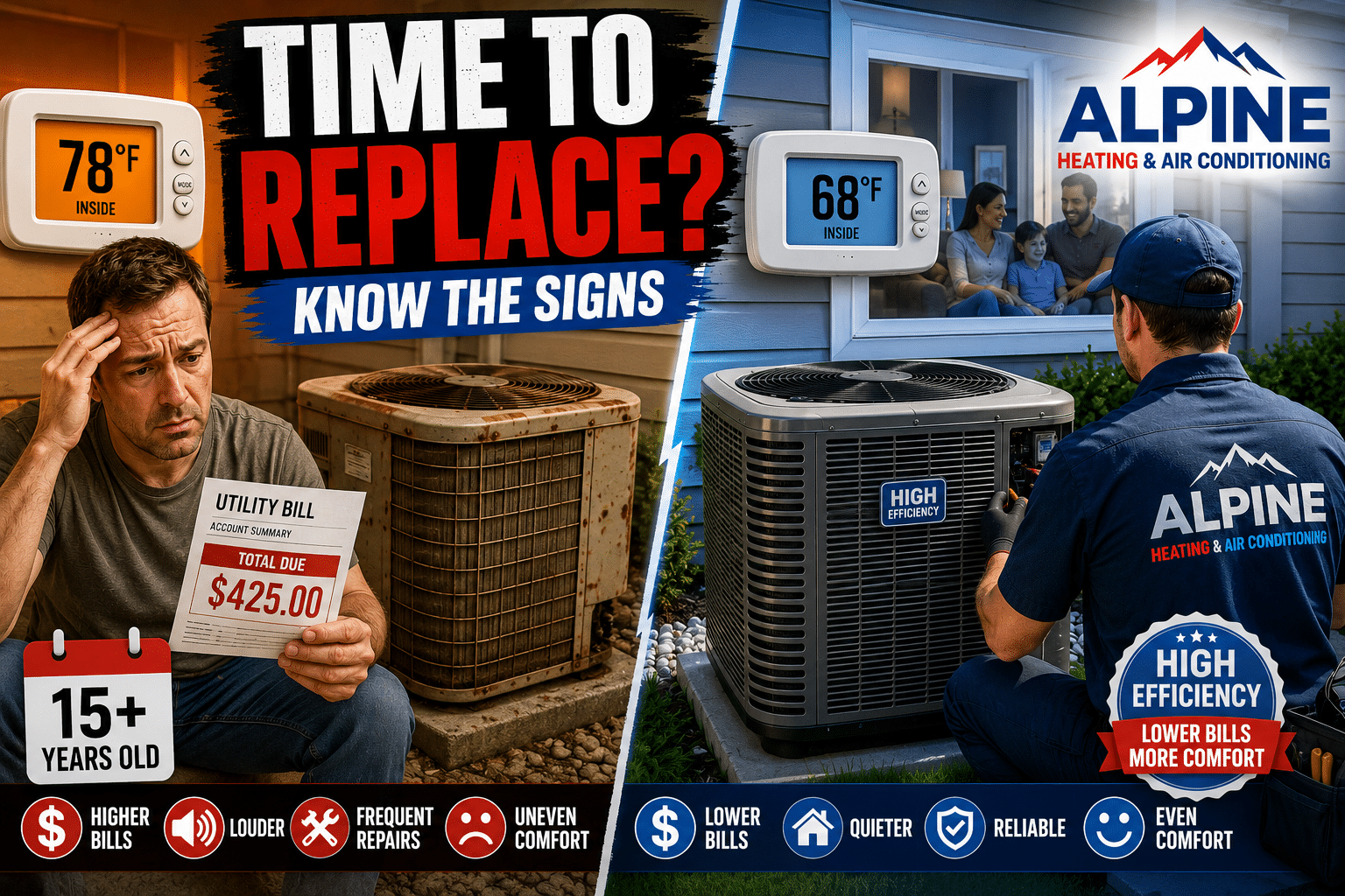 Alpine Heating & Air Conditioning technician installing a new high-efficiency HVAC system while comparing it to an aging air conditioner that's more than 15 years old.