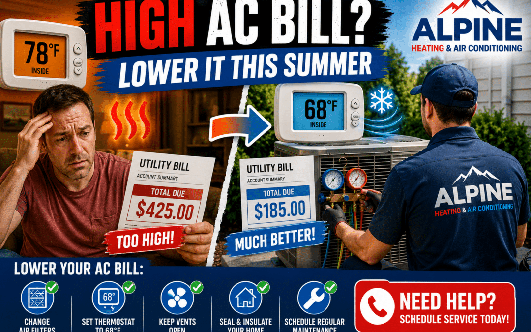 Alpine Heating & Air Conditioning technician servicing an air conditioner while demonstrating ways to reduce summer cooling costs and improve energy efficiency.