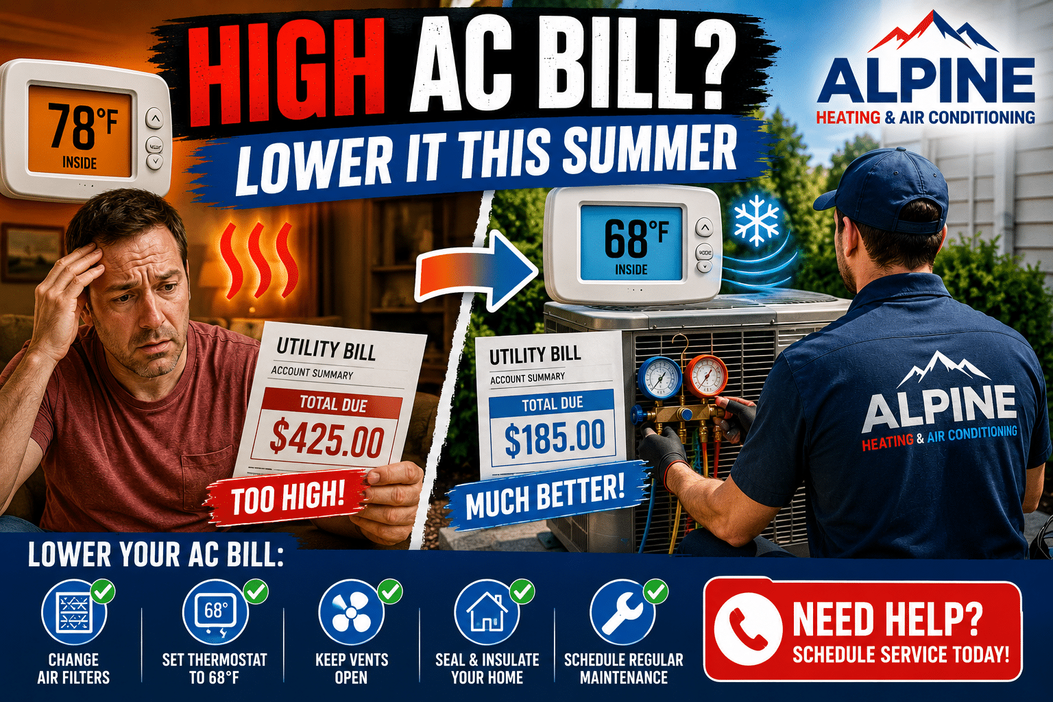 Alpine Heating & Air Conditioning technician servicing an air conditioner while demonstrating ways to reduce summer cooling costs and improve energy efficiency.