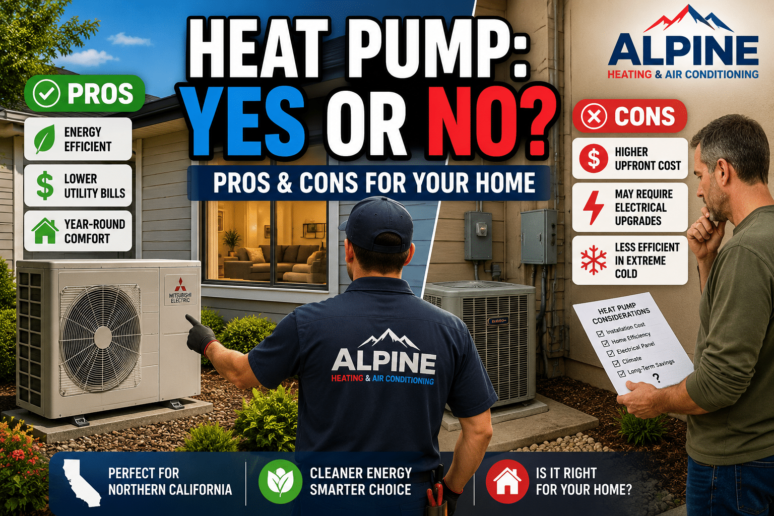Alpine Heating & Air Conditioning technician comparing the pros and cons of installing a heat pump at a Northern California home.