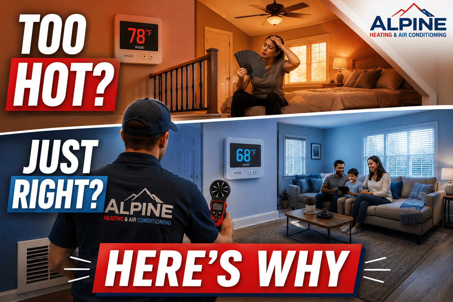 HVAC technician inspecting airflow while an upstairs room is 78°F and the downstairs is a comfortable 68°F.