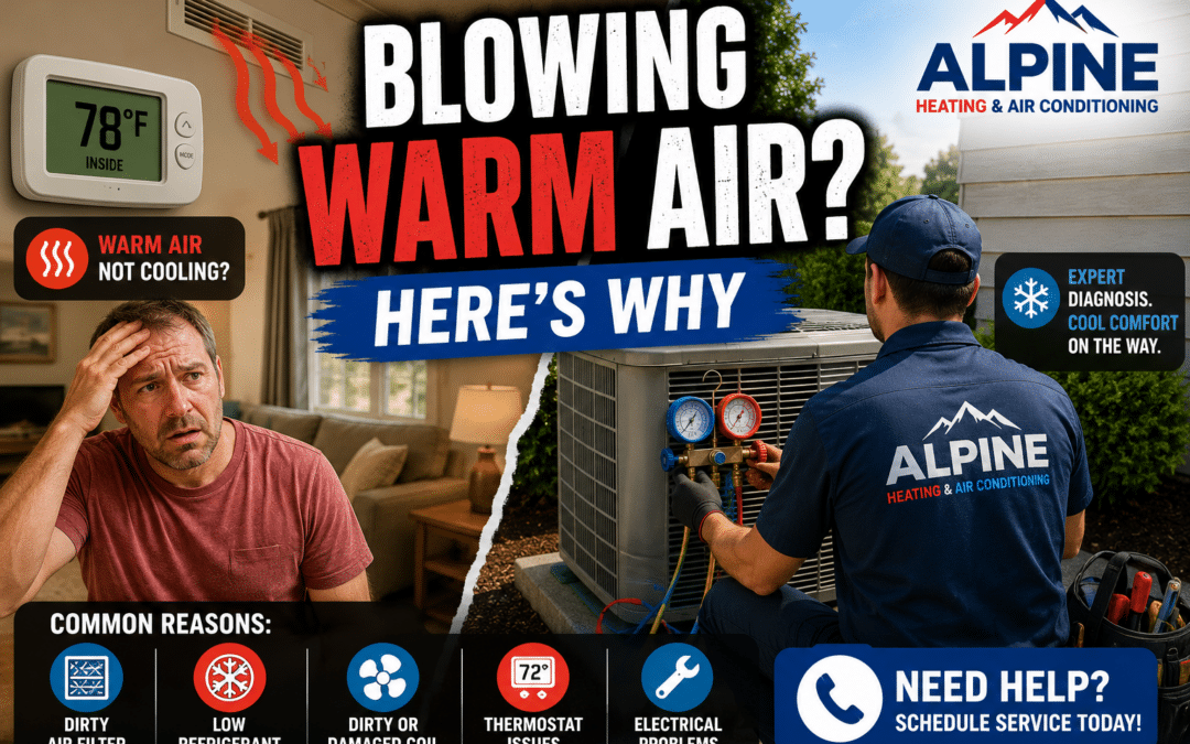 Alpine Heating & Air Conditioning technician diagnosing an outdoor air conditioner after a homeowner notices warm air blowing from the vents.