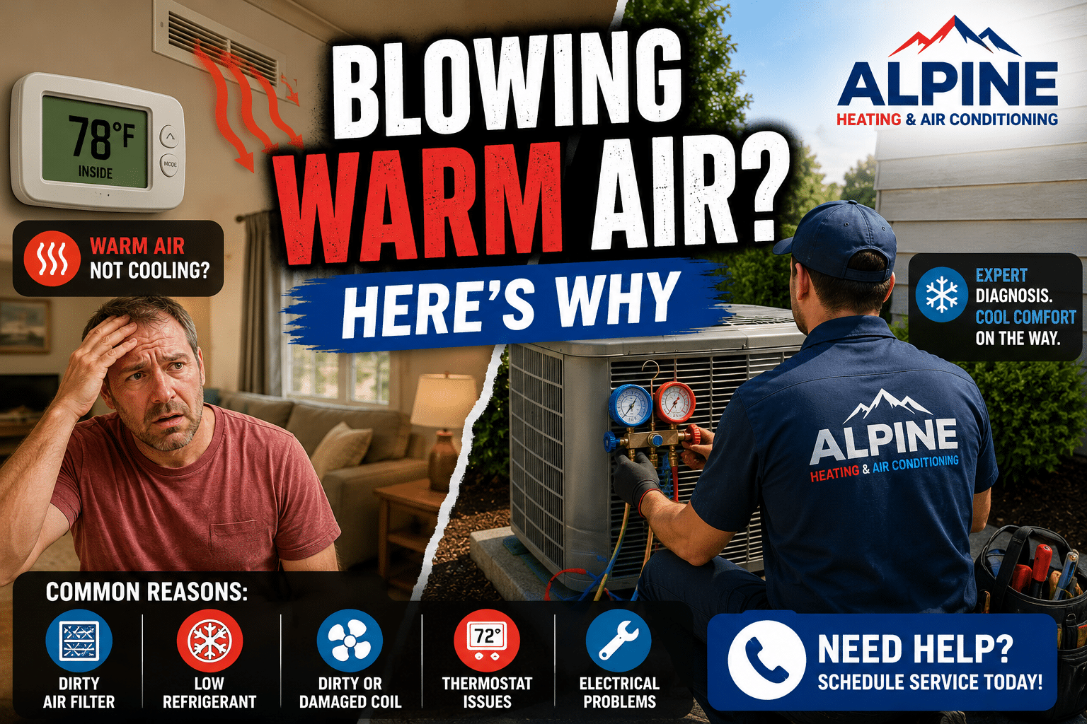 Alpine Heating & Air Conditioning technician diagnosing an outdoor air conditioner after a homeowner notices warm air blowing from the vents.