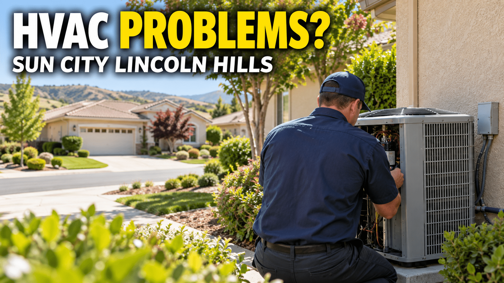 HVAC technician inspecting an outdoor residential HVAC unit at a Sun City Lincoln Hills home.