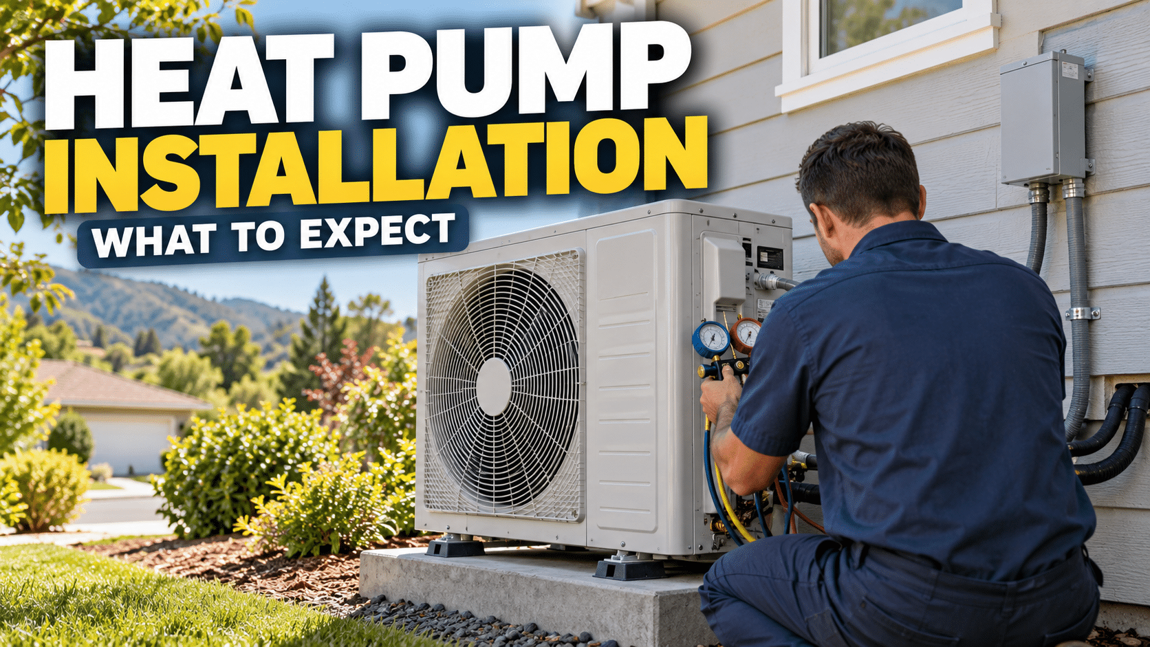 HVAC technician performing final startup testing on a newly installed residential heat pump in Plumas Lake, California.