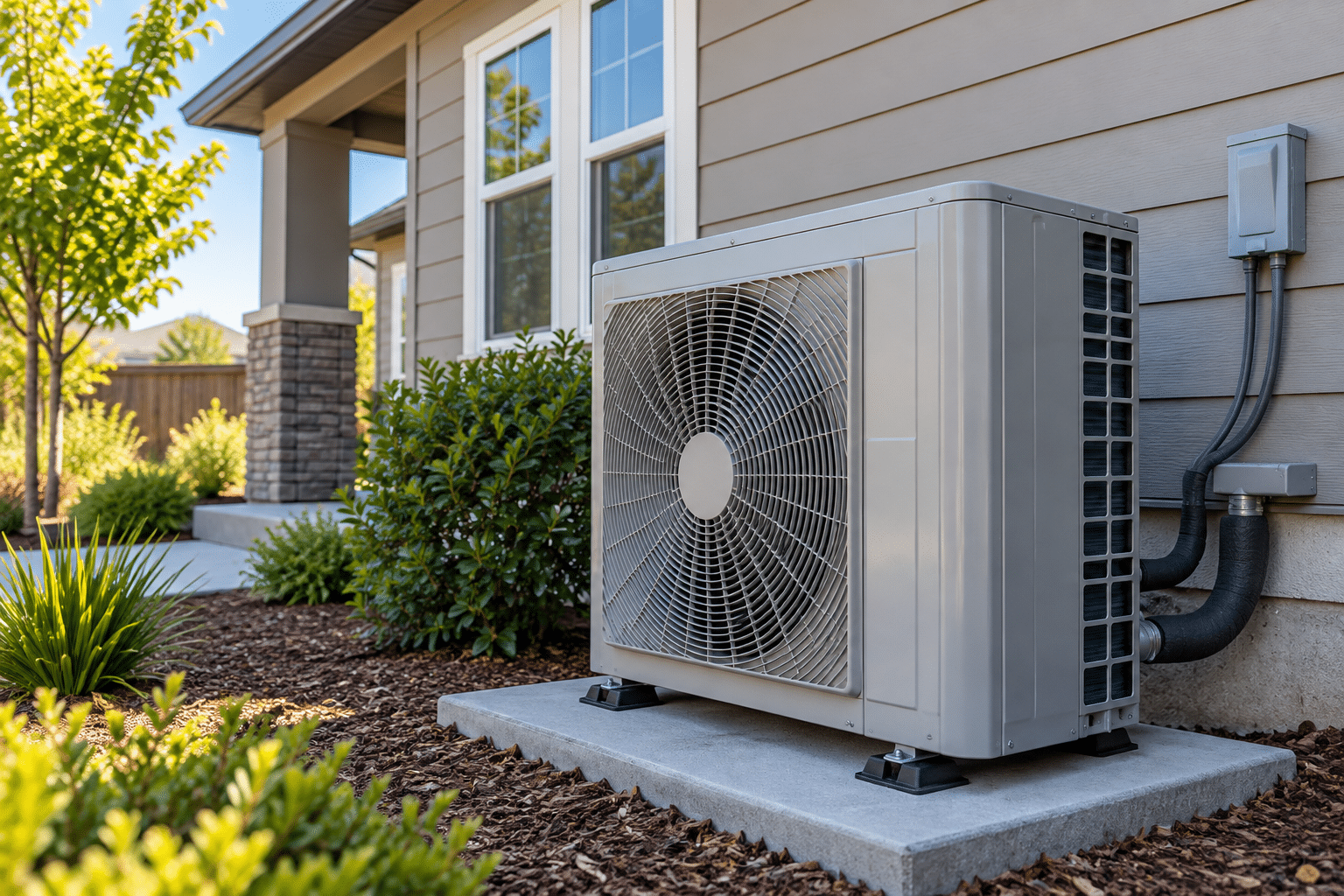 Modern residential heat pump system installed beside a home in Plumas Lake, California.